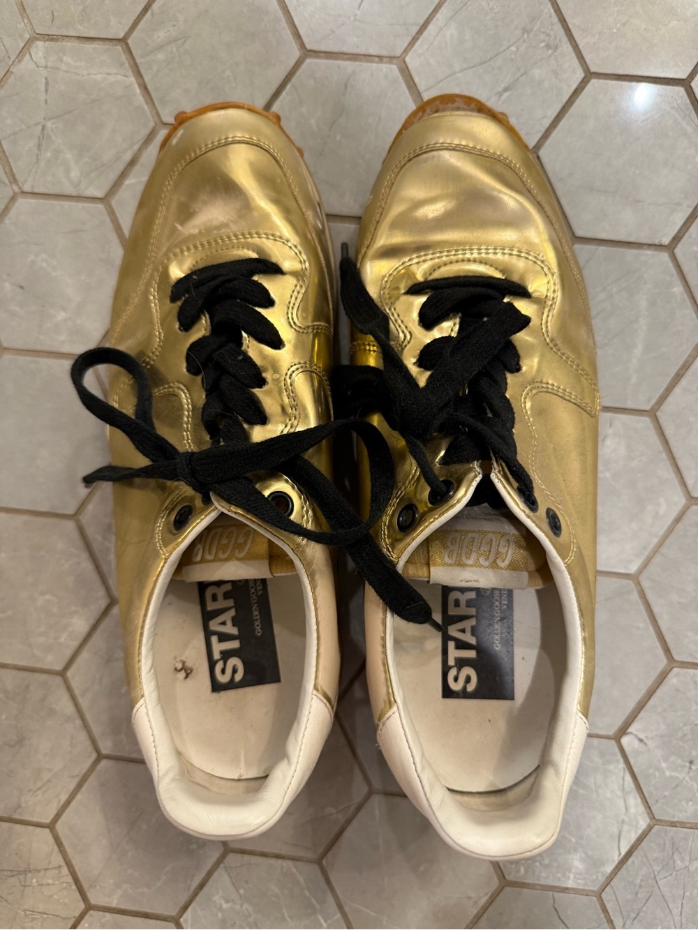 Golden Goose Gold Metallic Women’s Sneakers with Black Laces -